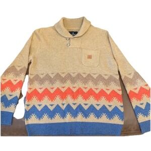 Roark Revival Shawl Collar Sweater Mens M Brown Aztec Knit Wool Blend Warm
